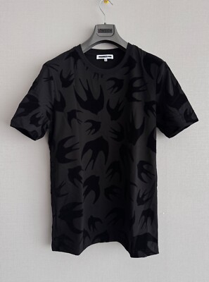 McQ by Alexander McQueen T-shirt MEDIUM Size Flocked Swallows Cotton Black 