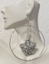 Large Hoop Earrings Glitter Star Center Drop 3 1/4" Handmade Light Hook Earrings