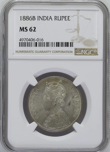 1886B India rupee NGC MS 62 Scarce year to get with little tonig