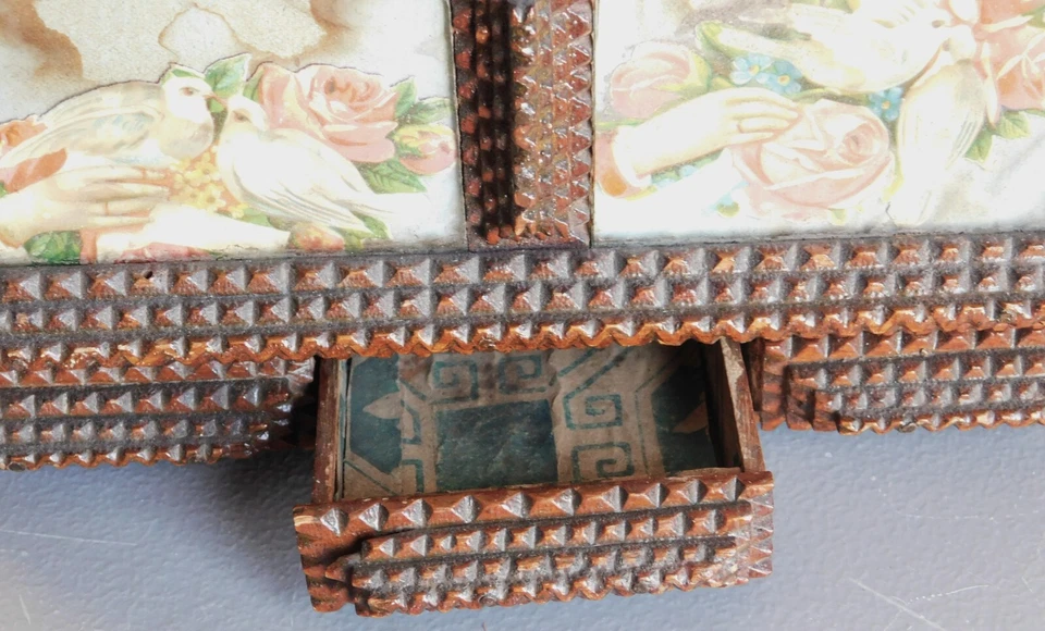Antique Tramp art decorated box chip carved 19th c. decoupage folk brass velvet - Image 3 of 4