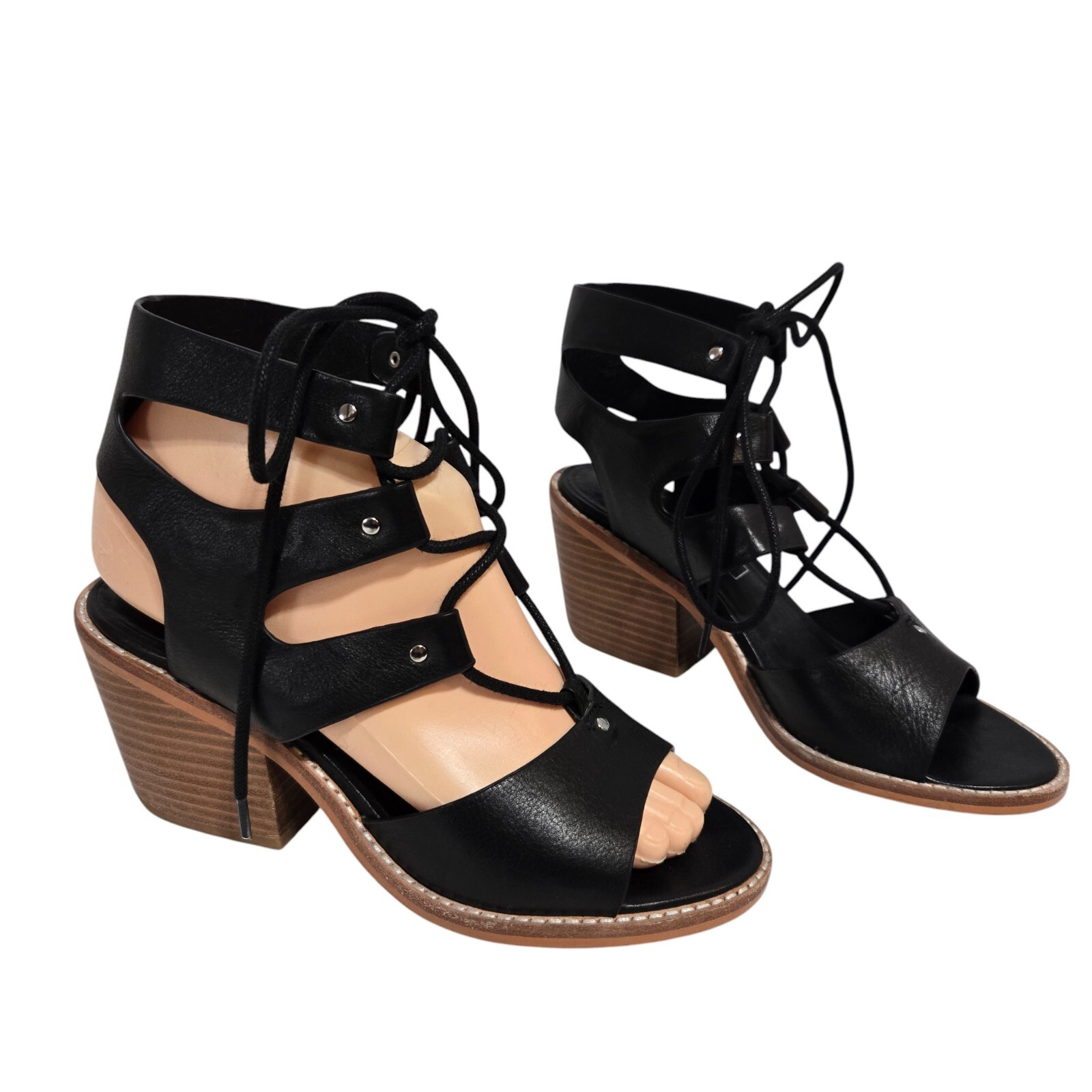 SAOLA Sandali donna Sol Sana Rudey 37 6 5 pelle nera stringati tacco a blocco 2 5" boho