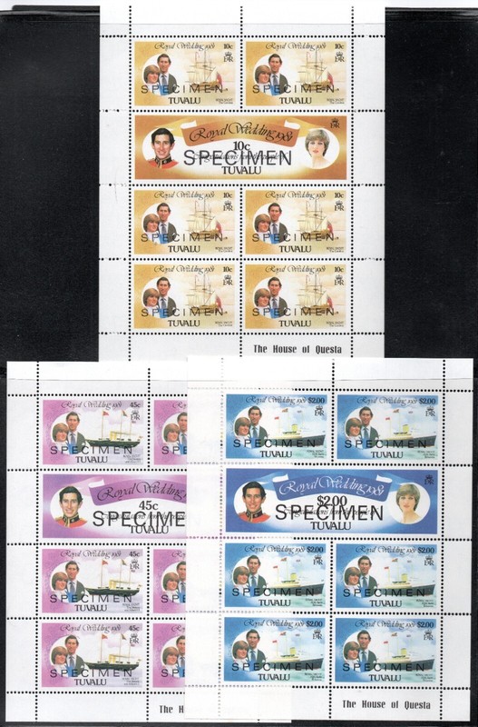 Tuvalu  Sc. 157, 159, 161 SPECIMEN Sheets of 7 MNH , Princess Diana