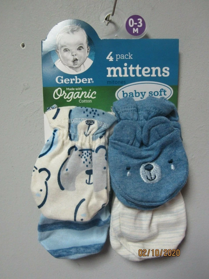 Paquete de 4 guantes orgánicos Gerber Baby Boy Blue Bear talla 0-3M Foto 2 de 3