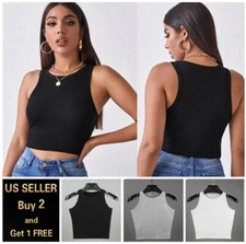 Women Basic Casual Stretch Crop Cropped Tank Top Sleeveless Shirt S - L