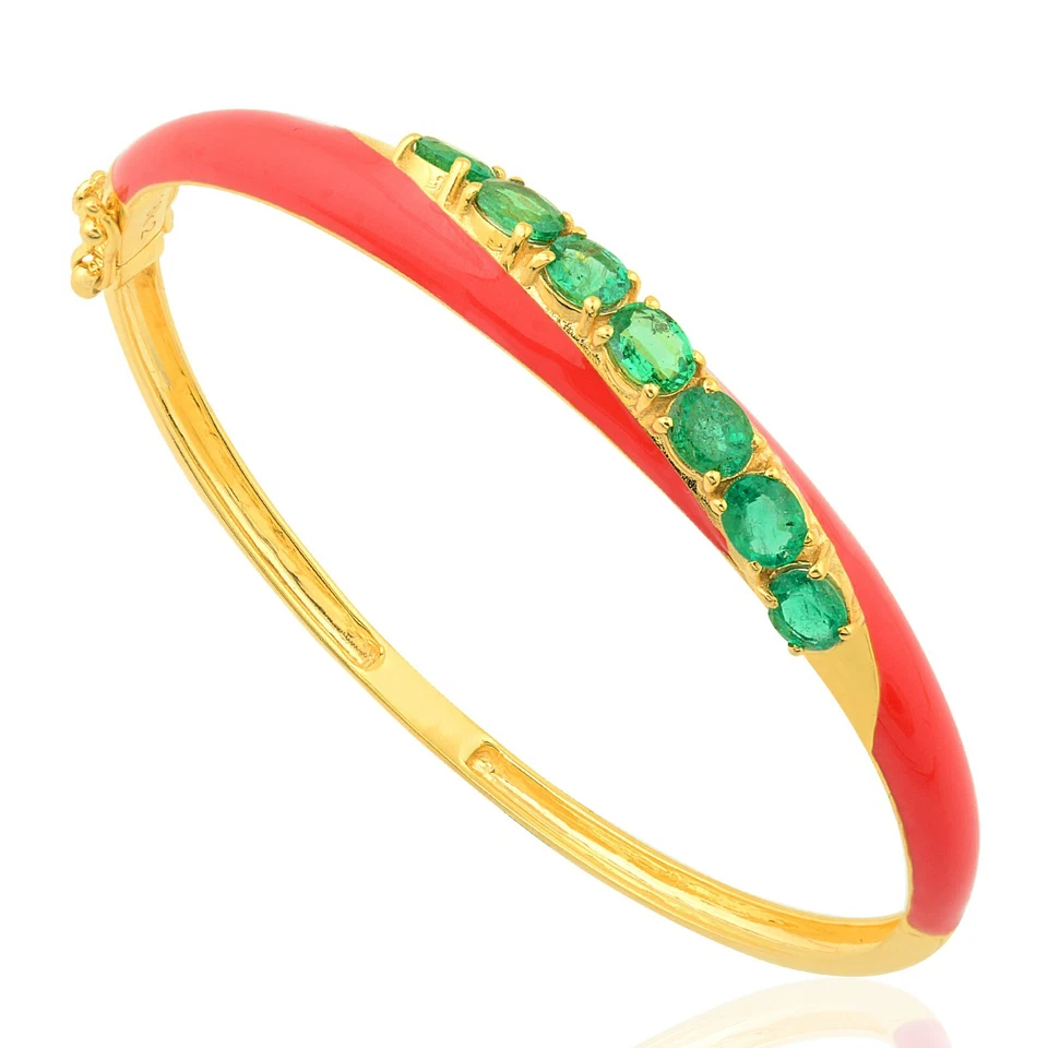 Zambian Emerald Red Enamel 18k Yellow Solid Gold Bangle Bracelet Gift 2.27 Ct — 第 4/4 张图片