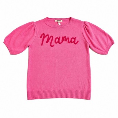 Haptics Holly Harper Pink Mama Script Puff Short Sleeve Knit Sweater Top Medium