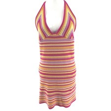Crochet Halter Mini Dress Womens Medium Pink Orange Festival Vacay Beachy Retro