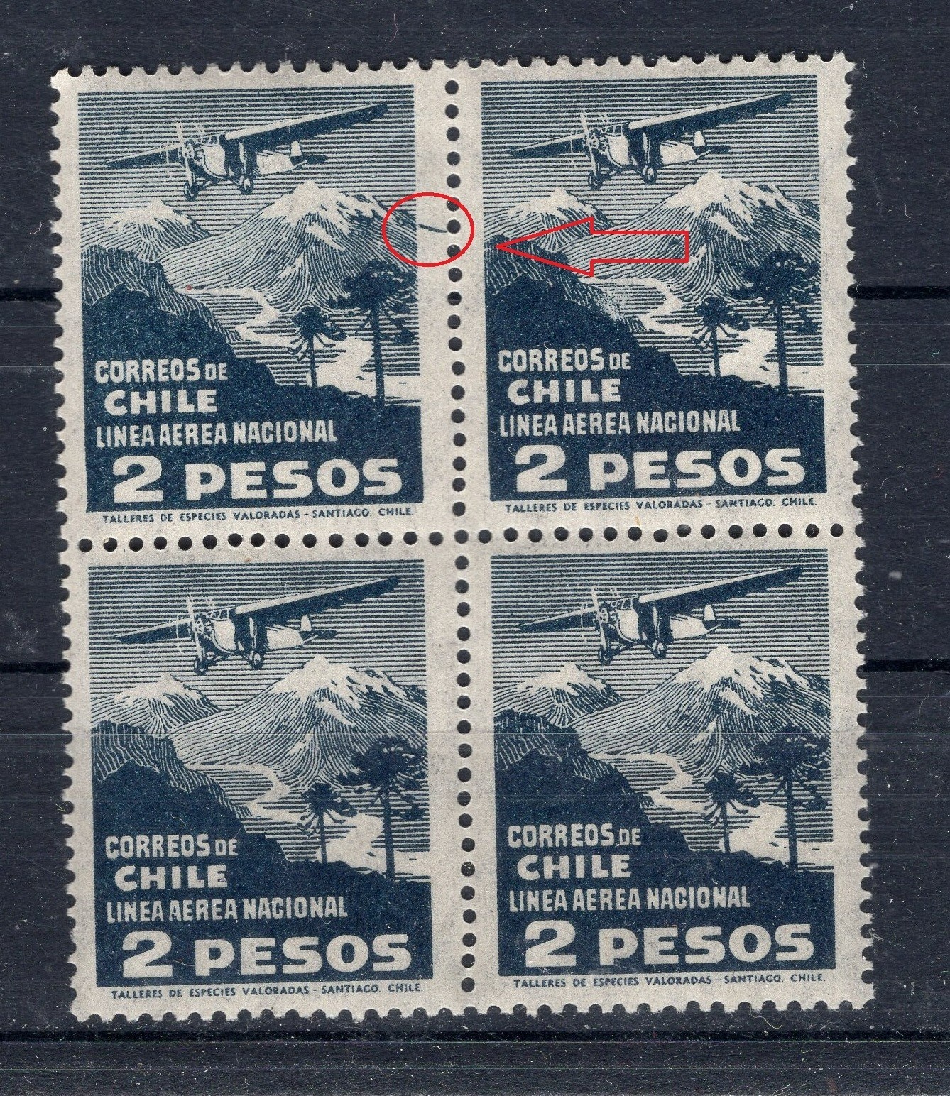 CHILE 1931 airmail 2 pesos Sc.C28 block of 4 ERROR VARIETY L6