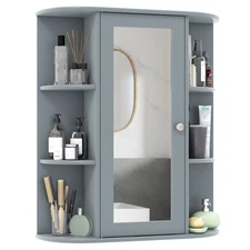 Bathroom Cabinet Single Door Shelves Wall Mount Cabinet W/ Mirror Grey