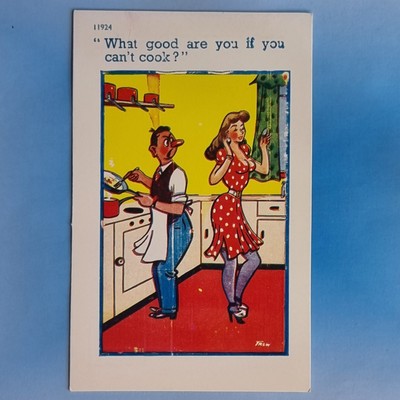 Comic Postkarte um 1970 Brünette Brüste Strümpfe Was nützt dir, wenn du nicht kochen kannst