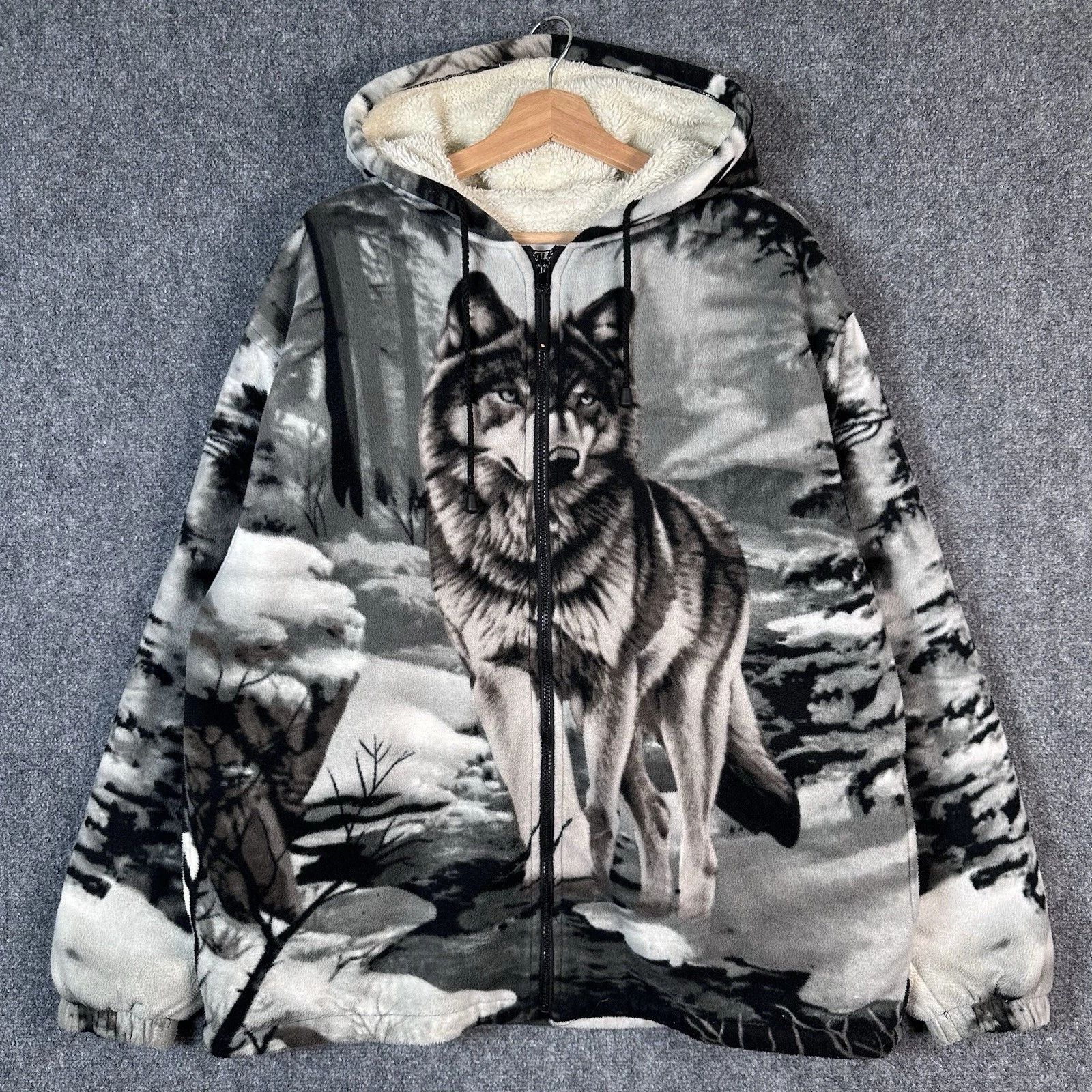 Vintage WILD KIND Wolf AOP Hoodie Sherpa Fleece Lined Jacket Sz L Warm Faux Fur