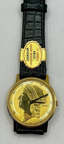 Vintage Enato Watch Mens Gold Tone Liberty Coin 17 Jewels 1980’s Wind Up Works!