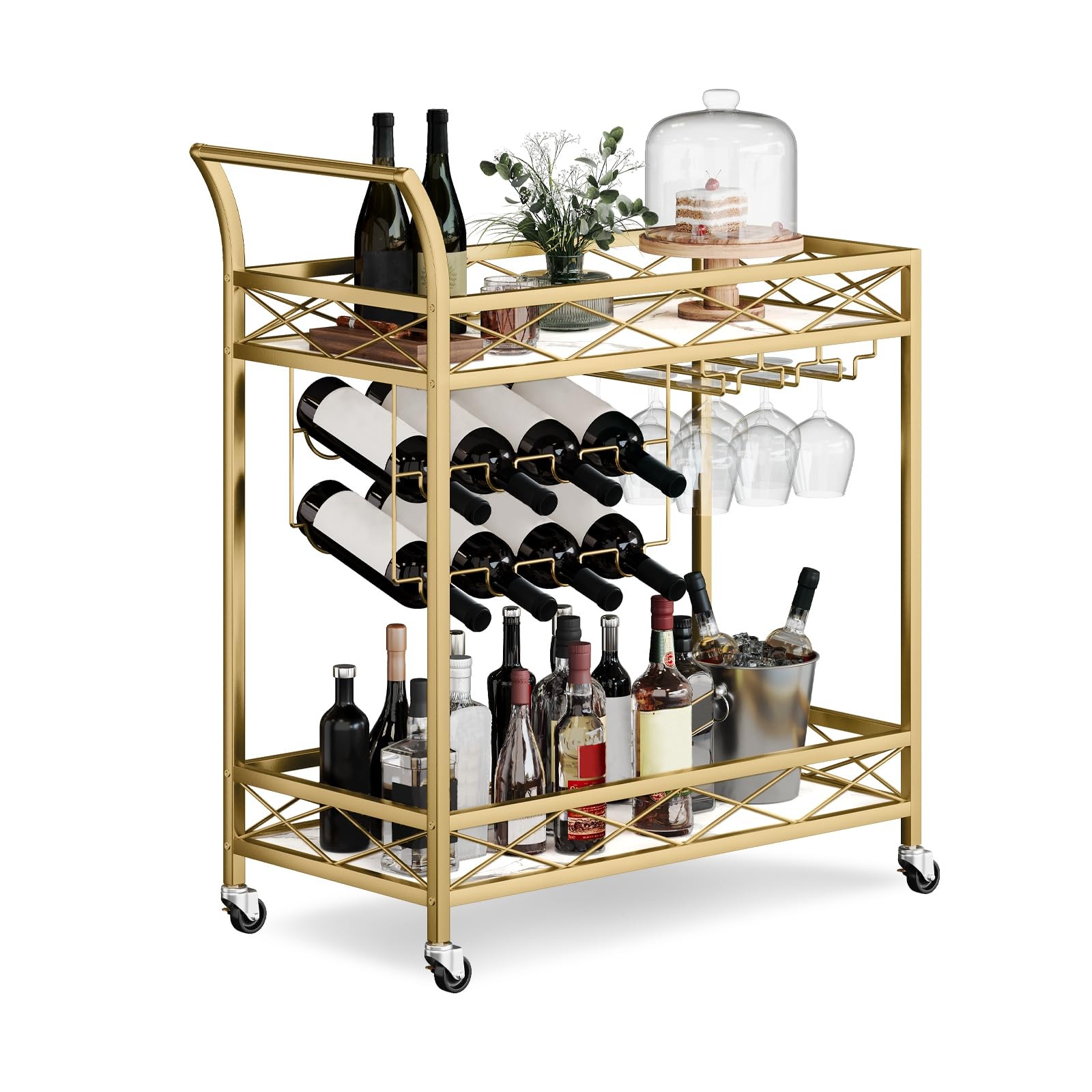 2-Tier Home Bar Serving Cart on Lockable Wheels Gold Mobile Beverage Cart