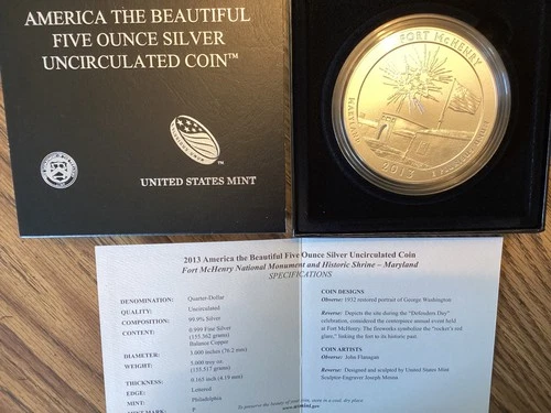 2013 P ATB 5oz Silver  Coin Ft. McHenry 999 Burnished Maryland Military Theme