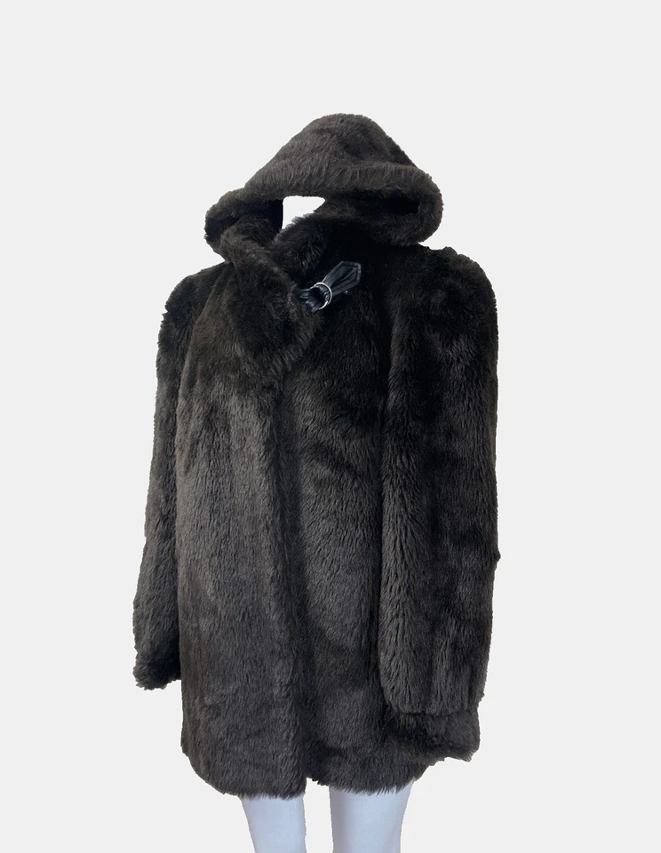 Vintage Faux Fur Coat Jacket Brown Hooded UK14-16 Evening Party Wear Winter - Image 2 of 4