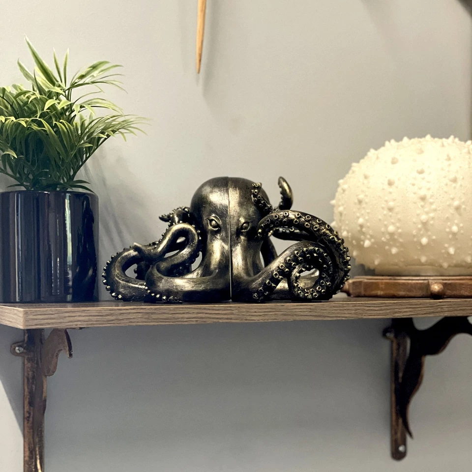 Bronze Octopus Bookends Set of 2 Nautical Polyresin Coastal Shelf Decor - Image 4 of 4