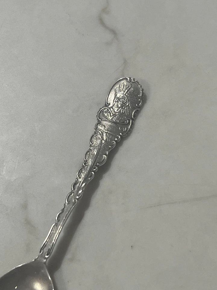Cuchara de recuerdo con cabeza de indio nativo americano de plata esterlina Prescott Arizona 7G Foto 4 de 4