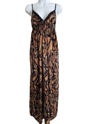 La Vie En Rose Paisley Satin Slip Dress M Black Brown Boho Midi 43  Flowy