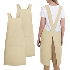 2 Pack Japanese Style Apron with Pockets Linen Cotton Cross Back for Women Me...