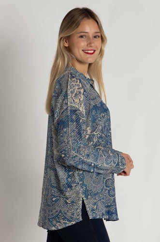 Johnny Was Martijn Blue Silk Shirt in Denim Embroidery Print Sz XS - Picture 5 of 17
