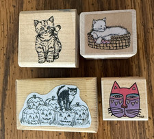 Vintage Wooden Cat Rubber Stamps. Lot Of 4 Laurel Burch And Others