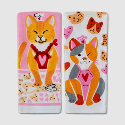 Valentine's Day Cat 2 Pack Kitchen Towels Set NWT NEW Baking Cookies Pink Hearts
