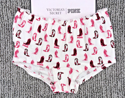 Victorias Secret PINK NWT Small White Cowgirl Boots Boyshort Panty Ruffle Cutout