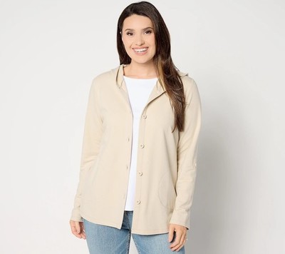Denim & Co. By the Beach French Terry Tab Sleeve Hooded Jacket Stone Khaki M New
