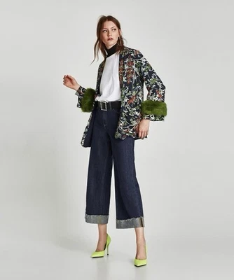 ZARA Floral Fur Cuff Blazer Jacket Sz S-M Green No Returns - Image 1 of 4