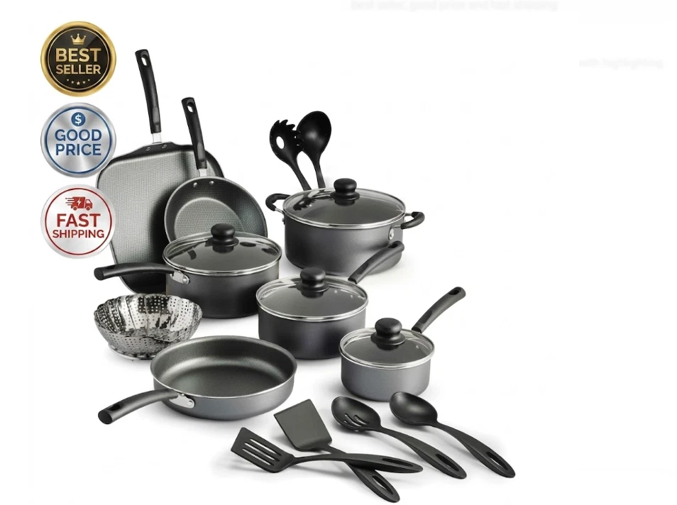 Primaware 18Pc Nonstick Cookware Set Steel Gray Kitchen Pots & Pans