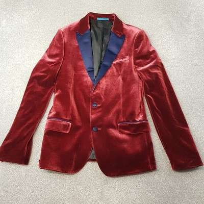 ASOS Mens Jacket 38R Red Velvet Tuxedo Smoking Blazer Dinner Blue Peak Lapels
