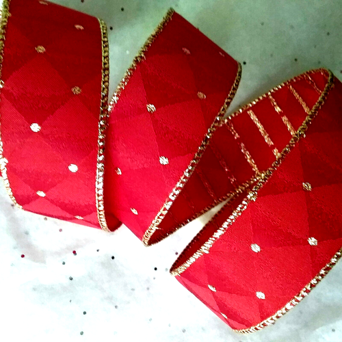 Christmas Red 1.5" by 5 yds Double-sided Satin Wired Ribbon Diamond Gold Accent - Picture 5 of 8