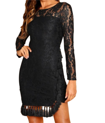 mini dress club sleeves lace Elowen | Black Square-Neck Mini Dress With Lace-Sleeves