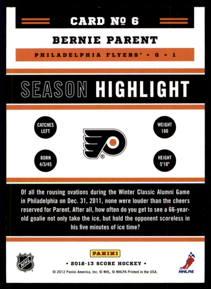 2012-13 Score Bernie Parent Philadelphia Flyers #6 - Image 2 of 2