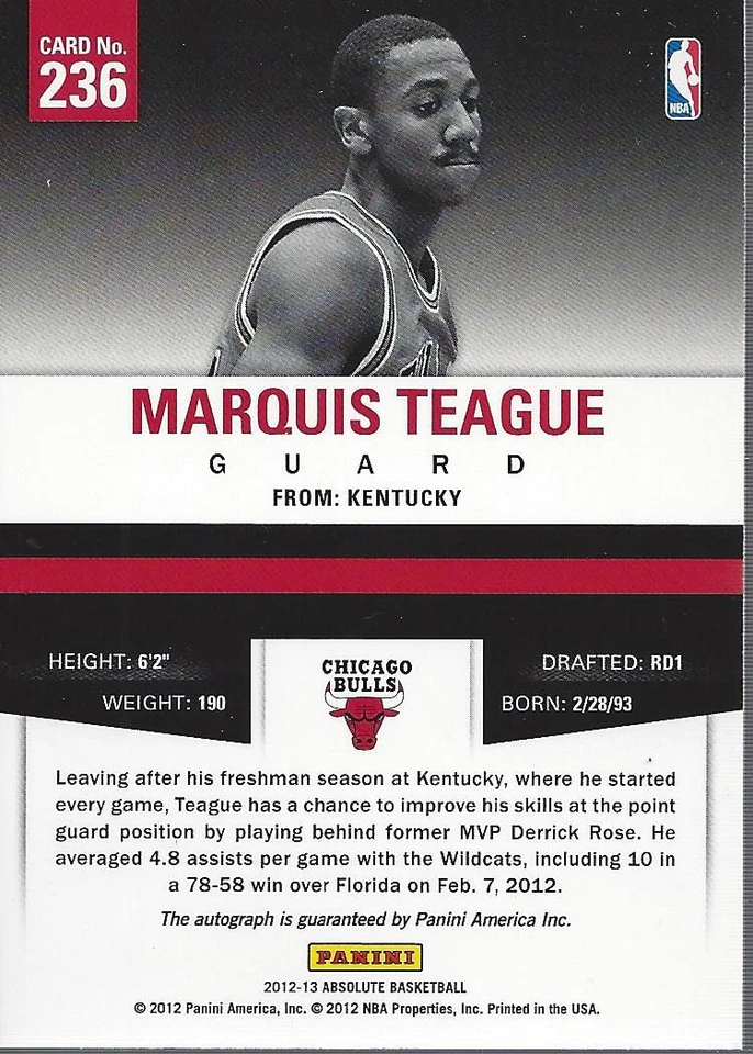2012-13 Absolute #236 Marquis Teague RC Auto /299 - NM-MT - Image 2 of 2