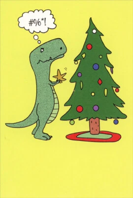 RECYCLED PAPER GREETINGS T-Rex Decorating Tree with Star Funny / Humorous Dinosaur Christmas Card
