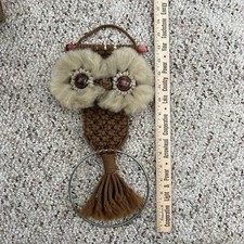 Vintage Boho Macrame Owl Wall Hanging Towel Holder Ring MCM 1970's 16  Brown