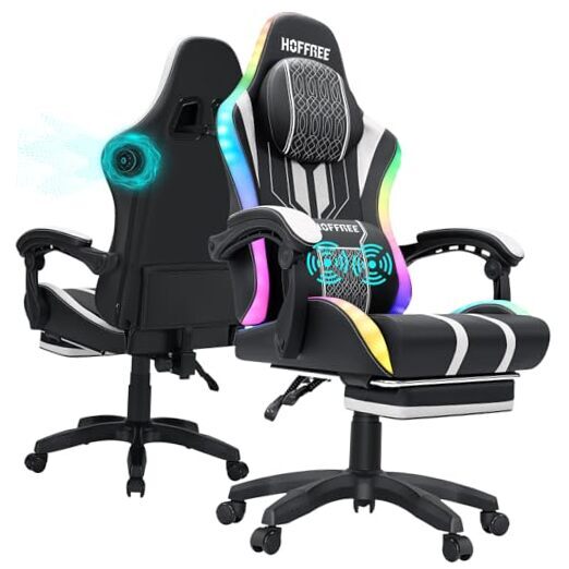 Big and Tall LED Gaming Chair with Massage and Built-in Speakers - White & Black