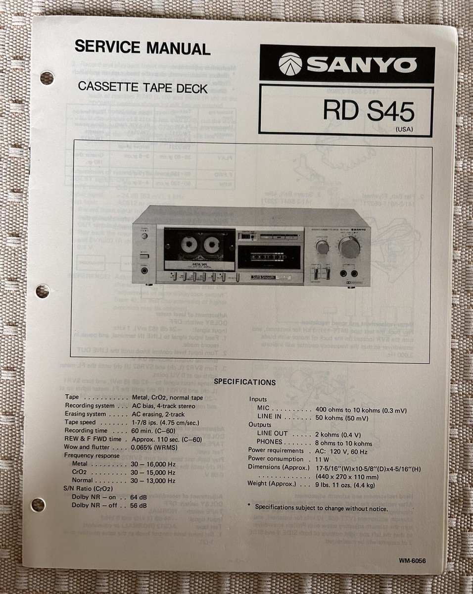 Feb 81 Sanyo RD S45 Cassette Tape Deck Service Manual | eBay