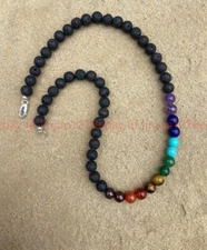 Seven Chakra & Lava Stone Smooth Round Gemstone Beads 18" Necklace For Men Woman
