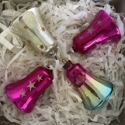 4 Vintage Christmas Ornament Mercury Glass Bells, Ombre and Stars 3 