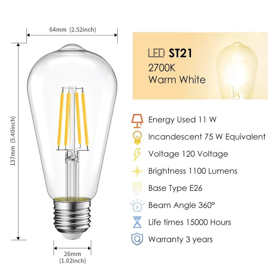 6 Pack Vintage LED Edison Bulbs 75W Equivalent 11W 1100LM Dimmable ST64 Filam... - Image 4 of 4