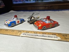 Lot 3 1960's Japan Tin Litho Toys Friction Fire Chief Ambulance PD Helicopter