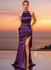 Purple Satin Maxi Prom, Evening, Cruise Dress, Halter Neck, Side Split, Size 16