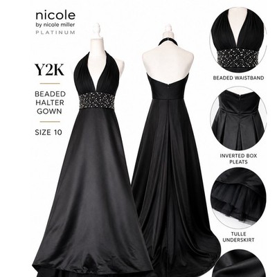 Y2K Nicole Miller Black Beaded Halter Evening Gown Maxi Formal Dress 10 Gala