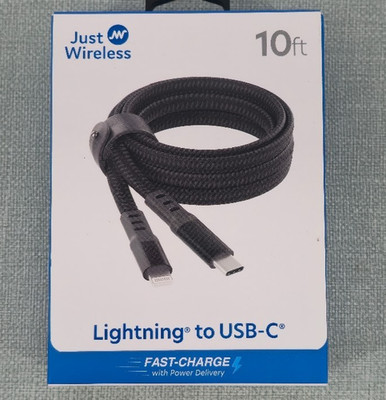 Just Wireless 10' Ultra Braided 8-Pin For Apple to USB-C Flat Cable -Slate Black