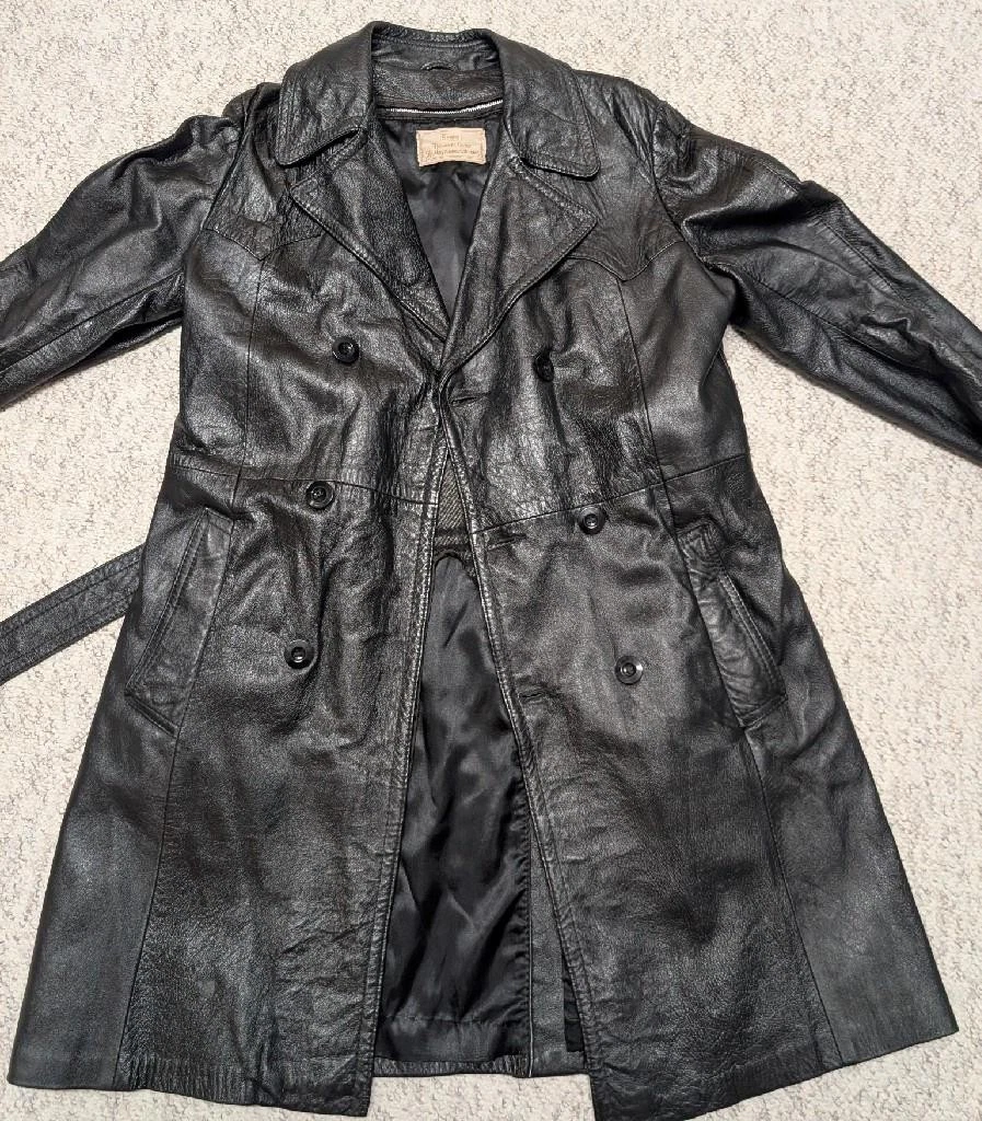 1970s vintage TRENCH COAT leather 38 double breasted BELTED black SHERLOCK image 9