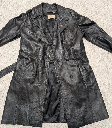 1970s vintage TRENCH COAT leather 38 double breasted BELTED black SHERLOCK image 9