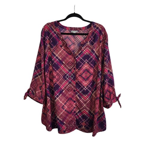 Catherines Georgette Knopfleiste Bindeärmel Cafe Bluse Plus 3X rosa kariert Arbeit