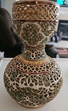 ANTIQUE ZSOLNAY PECS DOUBLE WALLED RETICULATED BUD VASE 1887-1889. 8.5" 